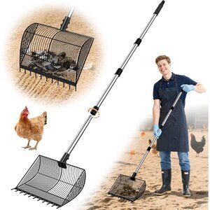 13" 2-in-1 Chicken Poop Scooper & Rake, Metal Chicken Coop Scoop 2-Shape Sifting